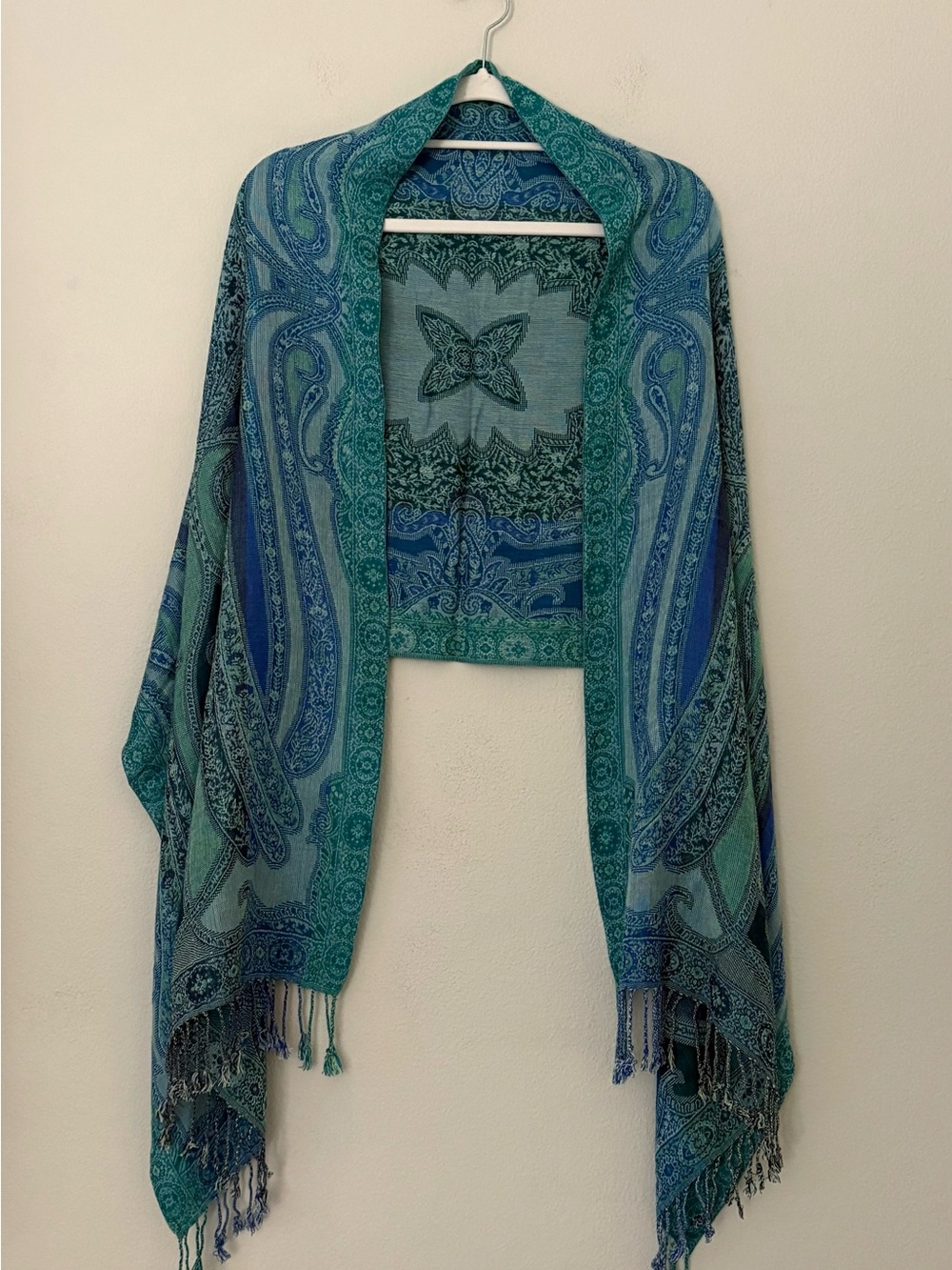 Bohemian Blue Paisley Pashmina Style Fringe Shawl Wrap Boho Festival Travel Wrap